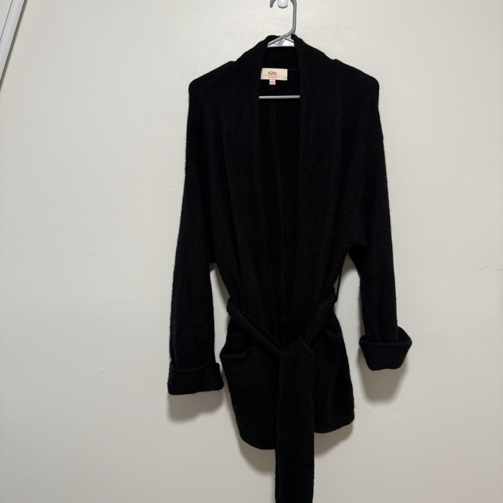 Kilte Black Cashmere Blend Tie Waist Open Cardigan Sweater Size Small (1)
